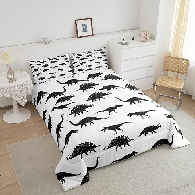 Erosebridal Dinosaur Bedding Set Dino Silhouettes Comforter Set Full Size, Wildlife Animals Black White Quilted Duvet for Kids Boys Teens Adult Bedroom Decor Dinosaurs Comforter with 2 Pillow Cases - LeafyLoom