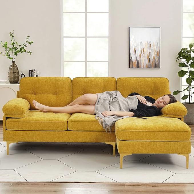 EASELAND 82" L-Shape Sofa with Reversible Chaise Lounge, Convertible Sectional Sofa Couch, Chenille Modern Sofa Couch for Living Room, Apartment and Office, Removable Cover (Yellow) - LeafyLoom