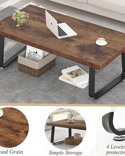 HSH Wooden Coffee Table, Industrial Rectangle Center Table, Modern Minimalist Coffee Table for Living Room, Farmhouse Wood and Metal Cocktail Tea Table for Bedroom Home Office, Rustic Brown, 47 in - LeafyLoom