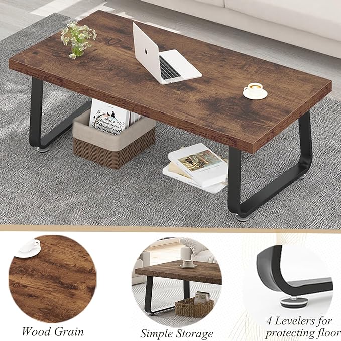 HSH Wooden Coffee Table, Industrial Rectangle Center Table, Modern Minimalist Coffee Table for Living Room, Farmhouse Wood and Metal Cocktail Tea Table for Bedroom Home Office, Rustic Brown, 47 in - LeafyLoom