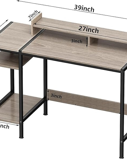 Computer Desk - 39 Inch Home Office Desk with Storage, Gaming Desk with Monitor Stand, Modern Simple Study Table, Adjustable Storage Space, Gray - LeafyLoom