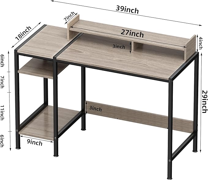 Computer Desk - 39 Inch Home Office Desk with Storage, Gaming Desk with Monitor Stand, Modern Simple Study Table, Adjustable Storage Space, Gray - LeafyLoom
