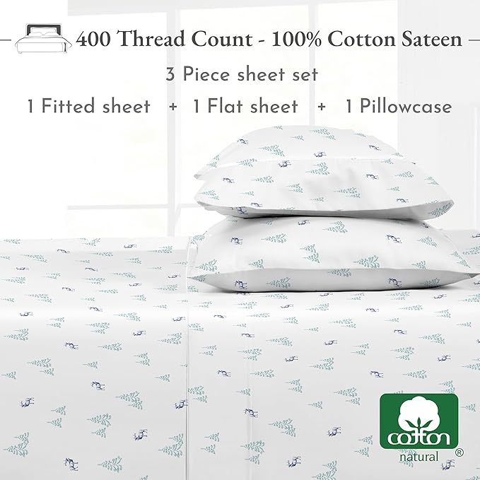 California Design Den Lodge Sheets Twin Size Printed Set, 400 Thread Count, 100% Cotton Sateen, 3 Pc Twin Size Sheets Set, Deep Pocket Sheets & Pillowcase Set - Lodge Camp - LeafyLoom