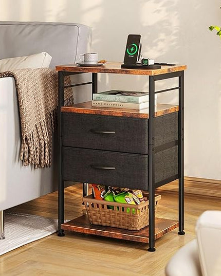 AODK Night Stand with Charging Station, End Table for Bedroom Tall Nightstand with Drawers, Small Nightstand for Bedroom, 4-Tier Storage Bedside Table, Vintage and Black - LeafyLoom