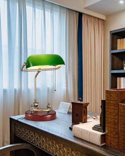 Green Bankers Desk lamp for Home Office Vintage Desk Retro lamp Workplace Lighting Piano Light Bedside lamp Pull Rope Switch，Glass lampshade，UL Certified lamp Holder, Wire - LeafyLoom
