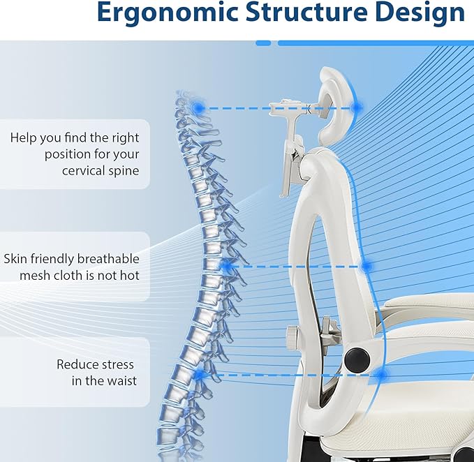 Ergonomic Office Chair with Footrest, Mesh Home Office Desk Chair with Adjustable Lumbar Support and Headrest, Comfortable Gaming Computer Chair for Study Work(Cream) - LeafyLoom