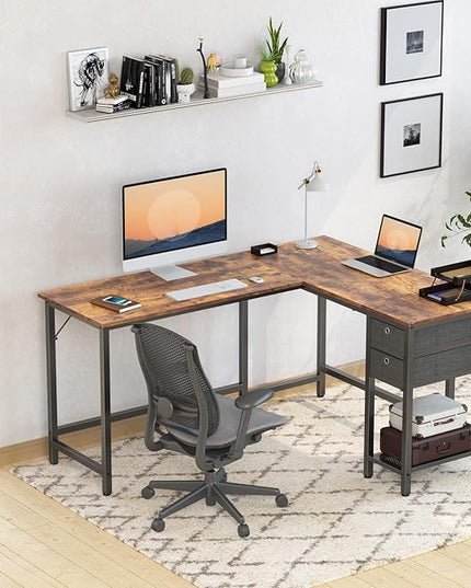 BANTI L-Shaped Computer Desk, Home Office Corner Desk with Non-Woven Drawer, Sturdy Writing Table, Space-Saving,Brown - LeafyLoom
