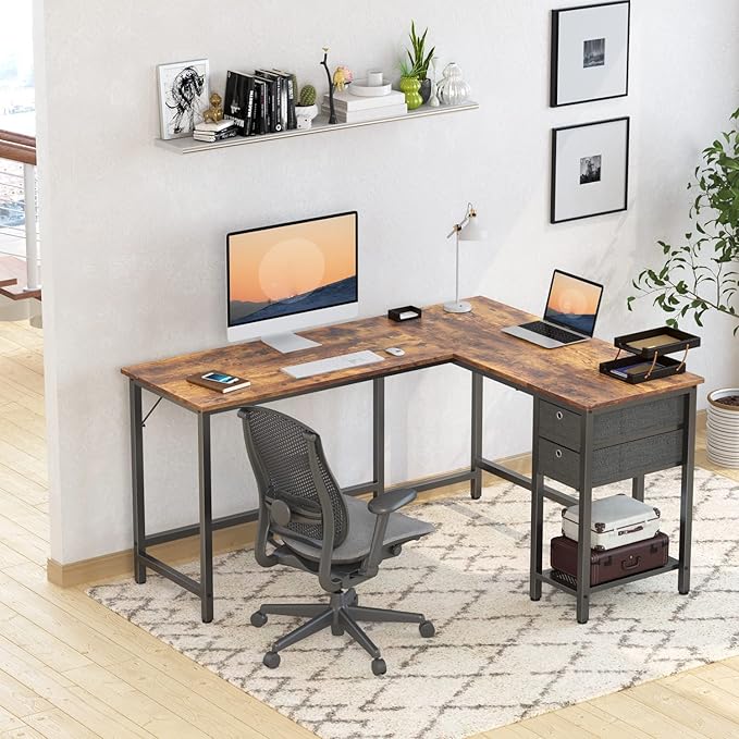 BANTI L-Shaped Computer Desk, Home Office Corner Desk with Non-Woven Drawer, Sturdy Writing Table, Space-Saving,Brown - LeafyLoom