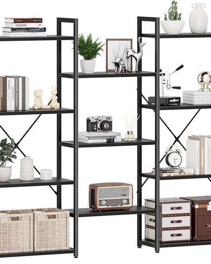 NUMENN Triple Wide 4 Tier Bookshelf, Adjustable Rustic Industrial Style Bookcases with 11 Open Display Shelves, Modern Tall Bookcase Furniture for Bedroom, Living Room and Home Office, Black - LeafyLoom