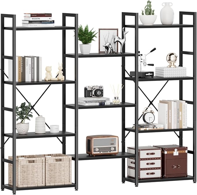 NUMENN Triple Wide 4 Tier Bookshelf, Adjustable Rustic Industrial Style Bookcases with 11 Open Display Shelves, Modern Tall Bookcase Furniture for Bedroom, Living Room and Home Office, Black - LeafyLoom