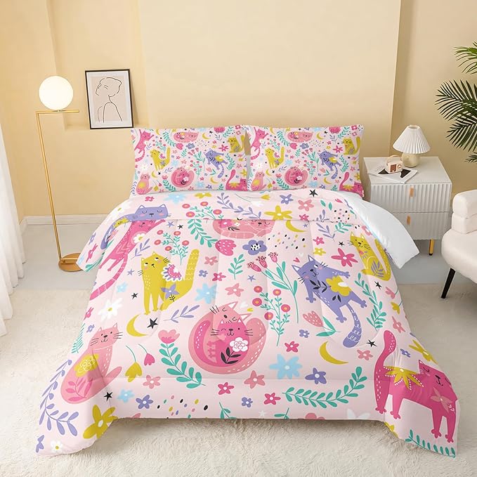 Floral Cat Comforter King Size,Pink Cat Comforter Set for Kids Teens Girls,3Pcs Bedding Set Printed Comforter with 2 Pillowcases,Down Alternative,Soft and Lightweight(Pink，King Size) - LeafyLoom