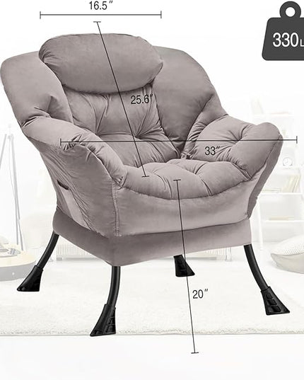 Fabric Lazy Chair Large Accent Chair,Velvet Frabic Modern Lounge Reading Chair with Armrests & Side Pocket,Upholstered Armchair for Living Room,Bedroom,Dorm,Light Grey - LeafyLoom