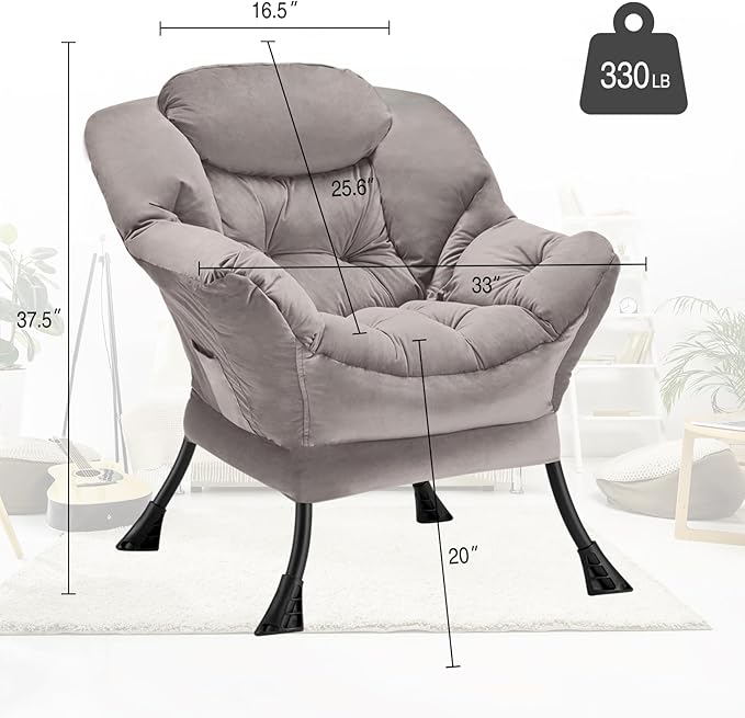Fabric Lazy Chair Large Accent Chair,Velvet Frabic Modern Lounge Reading Chair with Armrests & Side Pocket,Upholstered Armchair for Living Room,Bedroom,Dorm,Light Grey - LeafyLoom