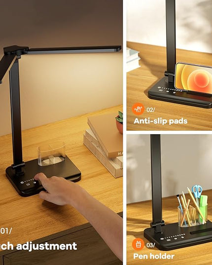 RealPlus Desk Lamp with USB Charging Port & 【Adapter】, 17IN Tall LED Desk Lamps for Home Office, 10W Double Head Desk Lamp with Pen Holder, Memory Function/10 Brightness/5 Colors/Reading Mode/Timer - LeafyLoom