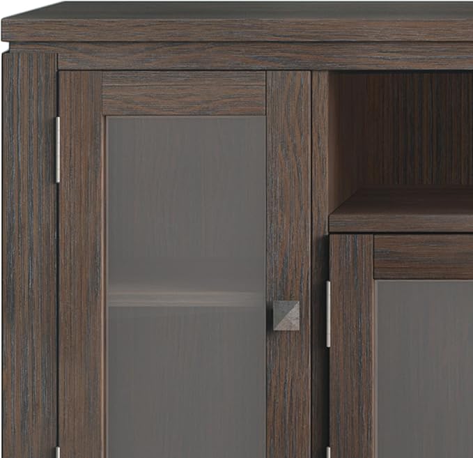 SIMPLIHOME Cosmopolitan SOLID WOOD Universal TV Media Stand, 72 inch Wide, Contemporary, Living Room Entertainment Center with Storage, for Flat Screen TVs up to 80 inches in Farmhouse Brown - LeafyLoom