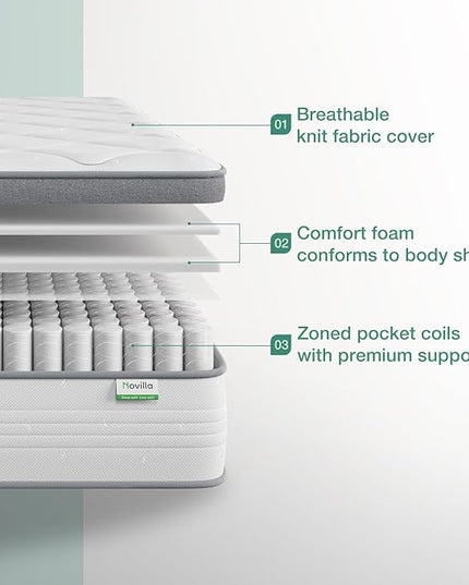 Novilla Full Mattress, 10 Inch Hybrid Full Mattress in a Box, Pocket Innerspring Pillow Top Mattress Full for Motion Isolation, Pressure Relief & Enhanced Edge Support, Medium Firm Feel - LeafyLoom