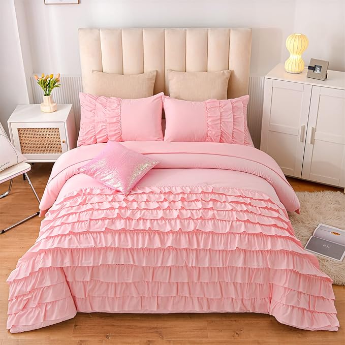 A Nice Night Waterfall Flutter Ruffle Comforter Set,Ruffled Textured Soft Chic Princess 6pcs Bedding Set,with Bling Shiny Sequin Throw Pillow Case,Pink,Full - LeafyLoom
