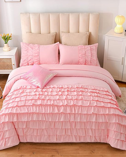 A Nice Night Waterfall Flutter Ruffle Comforter Set,Ruffled Textured Soft Chic Princess 6pcs Bedding Set,with Bling Shiny Sequin Throw Pillow Case,Pink,Queen - LeafyLoom