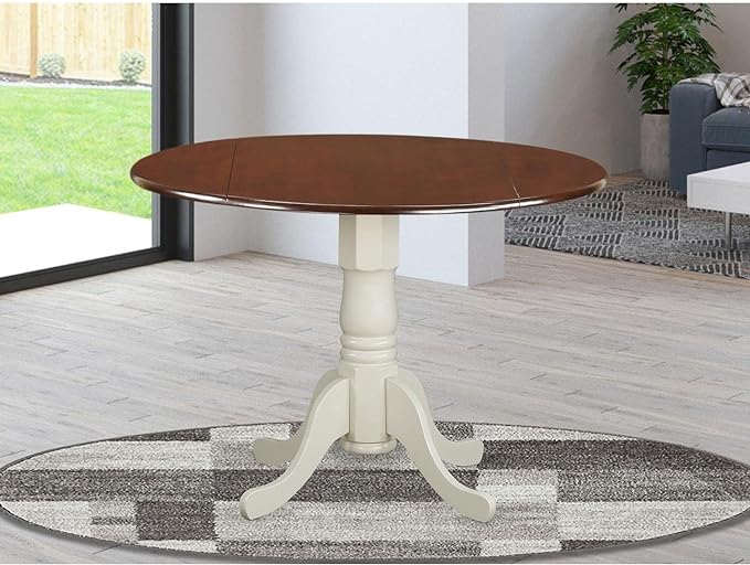 East West Furniture DLT-MLW-TP Dublin Modern Dining Table - a Round Kitchen Table Top with Dropleaf & Pedestal Base, 42x42 Inch, Mahogany & Linen White - LeafyLoom