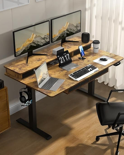 Electric Standing Desk, 63 * 30 Inches Adjustable Height with 4 Drawers, Double Storage Shelves Stand Up Desk, Home Office Workstation Sit Stand up Desk (Rustic Brown) - LeafyLoom
