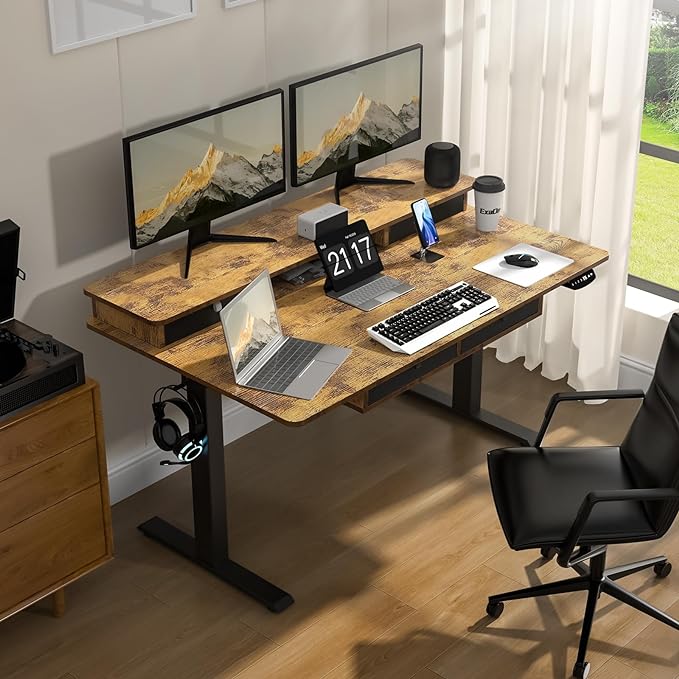 Electric Standing Desk, 63 * 30 Inches Adjustable Height with 4 Drawers, Double Storage Shelves Stand Up Desk, Home Office Workstation Sit Stand up Desk (Rustic Brown) - LeafyLoom