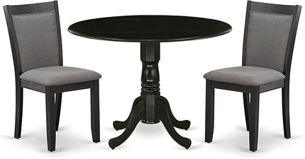 East West Furniture Dublin 3 Piece Set Contains a Round Dining Room Table with Dropleaf and 2 Dark Gotham Grey Linen Fabric Upholstered Chairs, 42x42 Inch, Wirebrushed Black - LeafyLoom