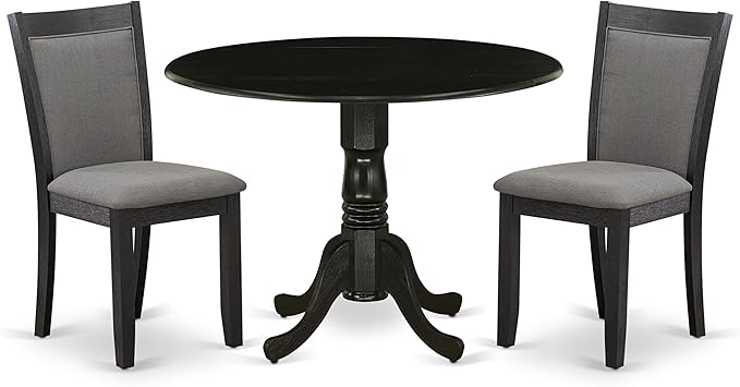 East West Furniture Dublin 3 Piece Set Contains a Round Dining Room Table with Dropleaf and 2 Dark Gotham Grey Linen Fabric Upholstered Chairs, 42x42 Inch, Wirebrushed Black - LeafyLoom