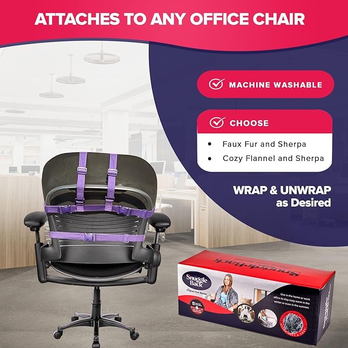 The Original Office Chair Blanket by SnuggleBack; Cozy Comfy Office Desk Chair Wrap Attaches for Convenient Heat and Hands-Free. Stay Warm In The Winter or Summer. Sherpa Fur Lining - LeafyLoom