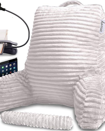 Homie Reading Pillow with Reading Light and Wrist Support, Has Arm Rests, and Back Support for Bed Rest, Lounging, Reading, Working on Laptop, Watching TV (White) - LeafyLoom