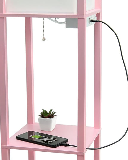 Simple Designs LF1037-LPK-LB Three Shelf Etagere Organizer Storage Floor Lamp with 2 Dual USB Ports and Charging Outlet, Light Pink, with Feit LED Bulb Included - LeafyLoom