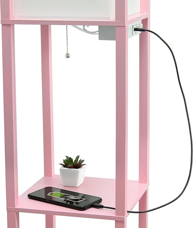 Simple Designs LF1037-LPK-LB Three Shelf Etagere Organizer Storage Floor Lamp with 2 Dual USB Ports and Charging Outlet, Light Pink, with Feit LED Bulb Included - LeafyLoom