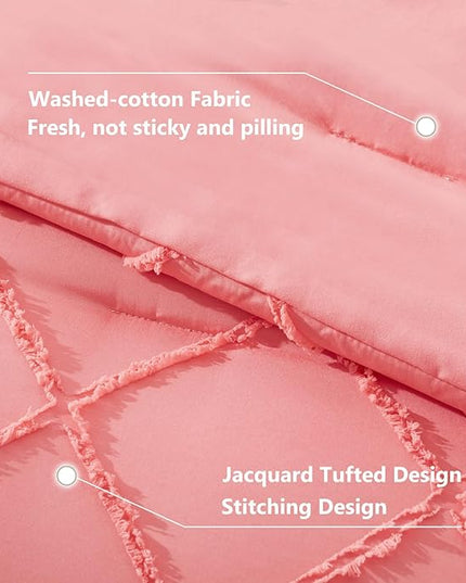 Boho Coral Pink Comforter Set with Jacquard Tufted Design,Farmhouse Bedding Sets for All Seasons,Soft 7 Pieces King Bed in a Bag with Comforter,Flat Sheet,Fitted Sheet,Pillowcases & Shams - LeafyLoom