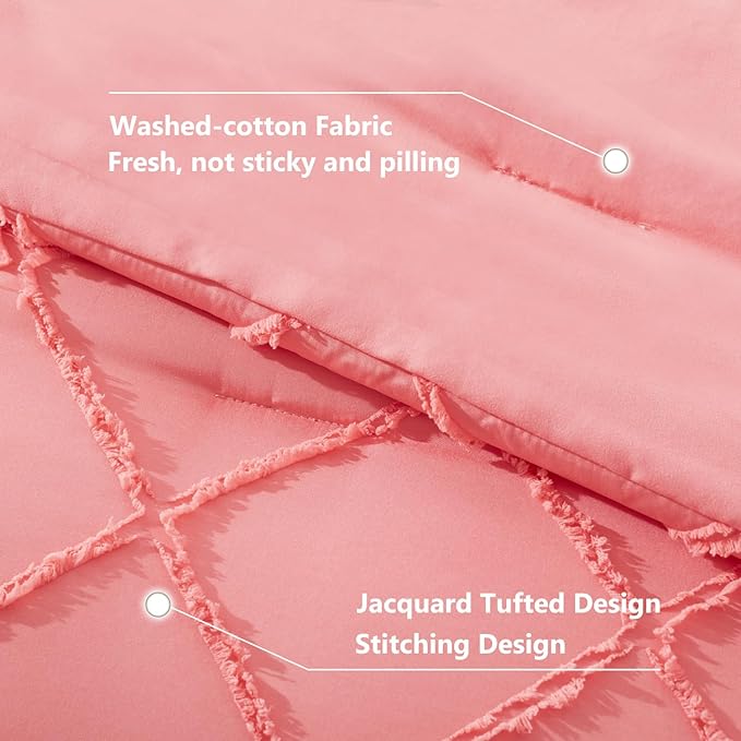 Boho Coral Pink Comforter Set with Jacquard Tufted Design,Farmhouse Bedding Sets for All Seasons,Soft 7 Pieces King Bed in a Bag with Comforter,Flat Sheet,Fitted Sheet,Pillowcases & Shams - LeafyLoom