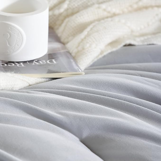 Light Grey Comforter Set King Size - 3 Pieces Lightweight Grey Solid Bedding Set - All Season Fluffy Microfiber Bed Set (1 Comforter, 2 Pillowcases) - LeafyLoom