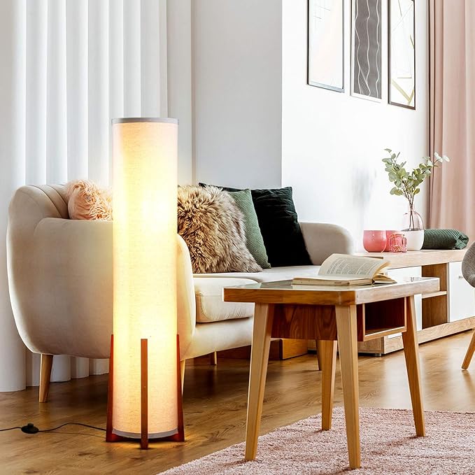 Brightech Parker LED Floor lamp, 48 Inches Tall Lamp with Wood Frame, Asian Design Lamp for Bedroom, Decorative Tower Shade Lamp for Living Rooms & Offices, Great Living Room Décor - LeafyLoom