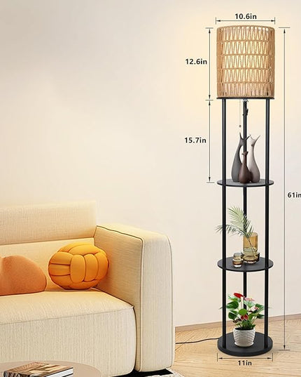 Floor Lamp with Shelves, Corner Floor Lamps for Living Room, Boho Floor Lamp with Double Shades, Rattan Standing Lamp for Bedroom Office, Shelf Tall Floor Lamp for Storage Display, Home Decor - LeafyLoom