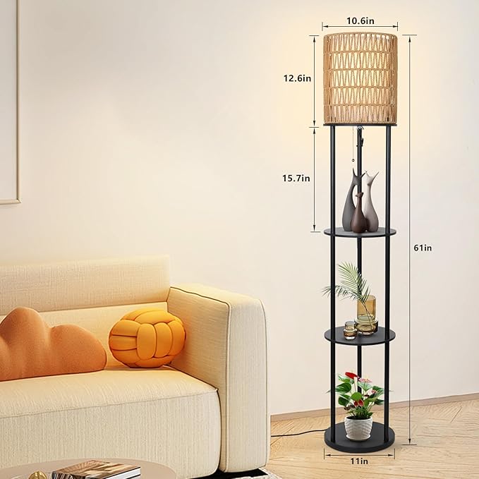 Floor Lamp with Shelves, Corner Floor Lamps for Living Room, Boho Floor Lamp with Double Shades, Rattan Standing Lamp for Bedroom Office, Shelf Tall Floor Lamp for Storage Display, Home Decor - LeafyLoom