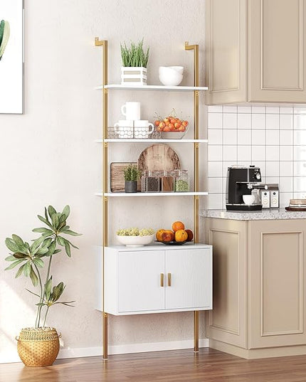 Gadroad Ladder Bookshef with Cabinet, Wall Mounted Bookcases, 5 Tier Tall Open Display Rack, 73" Metal Industrial Bookshelf, Storage Shelves for Livingroom, Home Office, Gold - LeafyLoom