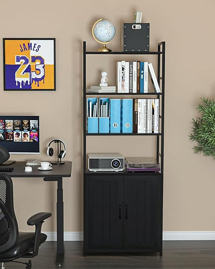 BLack Bookshelf with Doors,70" Tall Bookcase with Storage Cabinet,6 Tier Book Shelf for Living Room/Bedroom/Office/Kitchen,70"(H)*26"(L)*11.8"(W) - LeafyLoom