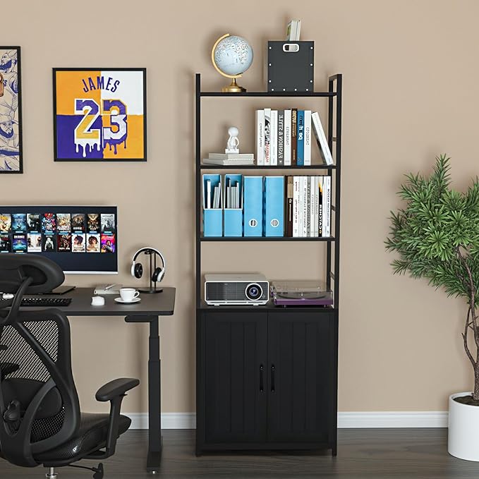BLack Bookshelf with Doors,70" Tall Bookcase with Storage Cabinet,6 Tier Book Shelf for Living Room/Bedroom/Office/Kitchen,70"(H)*26"(L)*11.8"(W) - LeafyLoom