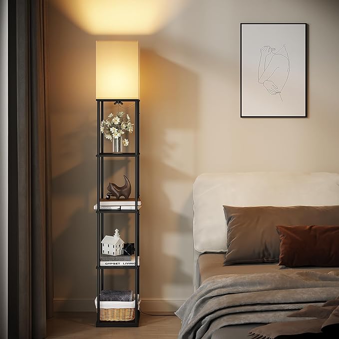 SUNMORY 5 Tier Floor Lamp with Shelves, Modern Square Standing Lamp with 3 Color Temperature Bulb, Corner Display Bookshelf Lamp for Living Room and Bedroom, Tall Shelf Floor Lamp - LeafyLoom