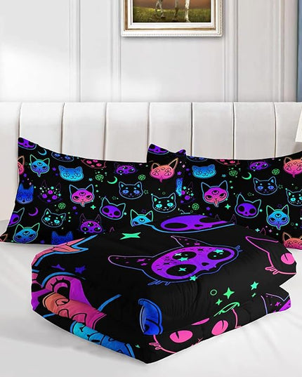 Axolotl Cat Comforter Set Twin,Kawaii Trippy Cat Moon Stars Bedding Set with 1 Comforter 2 Pillowcases for Kids Boys Girls Teens Adults Room Decor All Season,Colorful Neon Trippy Bed Set - LeafyLoom