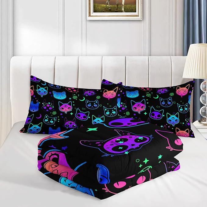 Axolotl Cat Comforter Set Twin,Kawaii Trippy Cat Moon Stars Bedding Set with 1 Comforter 2 Pillowcases for Kids Boys Girls Teens Adults Room Decor All Season,Colorful Neon Trippy Bed Set - LeafyLoom