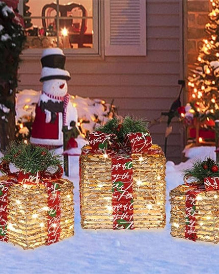 [Ultra-Large 15.5"x13.5"x11" Christmas Set of 3 Lighted Rattan Gift Boxes Decorations Pre-lit 91 Super-Bright LED with Flashers,for Indoor Outdoor Pathway Holiday Party Home(Warm White) GLOWNOVA