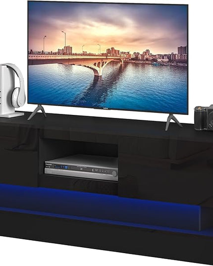 Glossy Black LED TV Stand for 75 inch TV, Modern TV Console Table with Storage and LED Lights, Gaming Media Entertainment Center for Living Room Bedroom (63 Inch, Black) - LeafyLoom