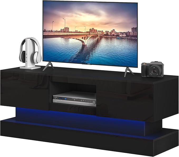 Glossy Black LED TV Stand for 75 inch TV, Modern TV Console Table with Storage and LED Lights, Gaming Media Entertainment Center for Living Room Bedroom (63 Inch, Black) - LeafyLoom