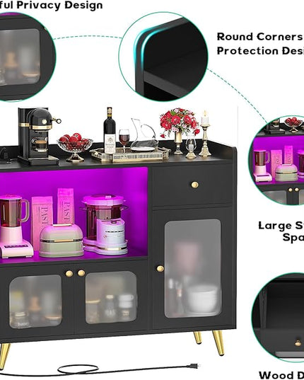Cyclysio Sideboard Buffet Cabinet with Power Outlet, Kitchen Cabinet with LED Lights, Large Bar Cart Accent Buffet Cabinet with Door for Bedroom, Living Room, Kitchen, Hallway, Black - LeafyLoom