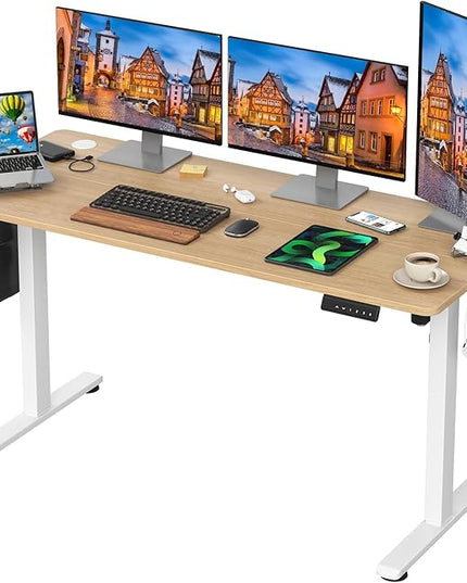 STARY Electric Memory Preset 55 x 24 Inches Adjustable Height Computer Workstation Sit Stand Home Office Desk with Splice Board, 5524, Castin Oak Desktop/White Frame - LeafyLoom
