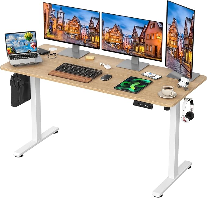 STARY Electric Memory Preset 55 x 24 Inches Adjustable Height Computer Workstation Sit Stand Home Office Desk with Splice Board, 5524, Castin Oak Desktop/White Frame - LeafyLoom
