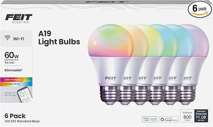 Feit Electric A19 Smart LED Light Bulb, 60W Equivalent, Dimmable, RGBW Color Changing, Alexa & Google Home Compatible, 2.4GHz Wi-Fi Enabled, 800 Lumens, 25,000-Hour Lifetime, OM60/RGBW/CA/AG/6, 6-Pack FeitElectricCompany